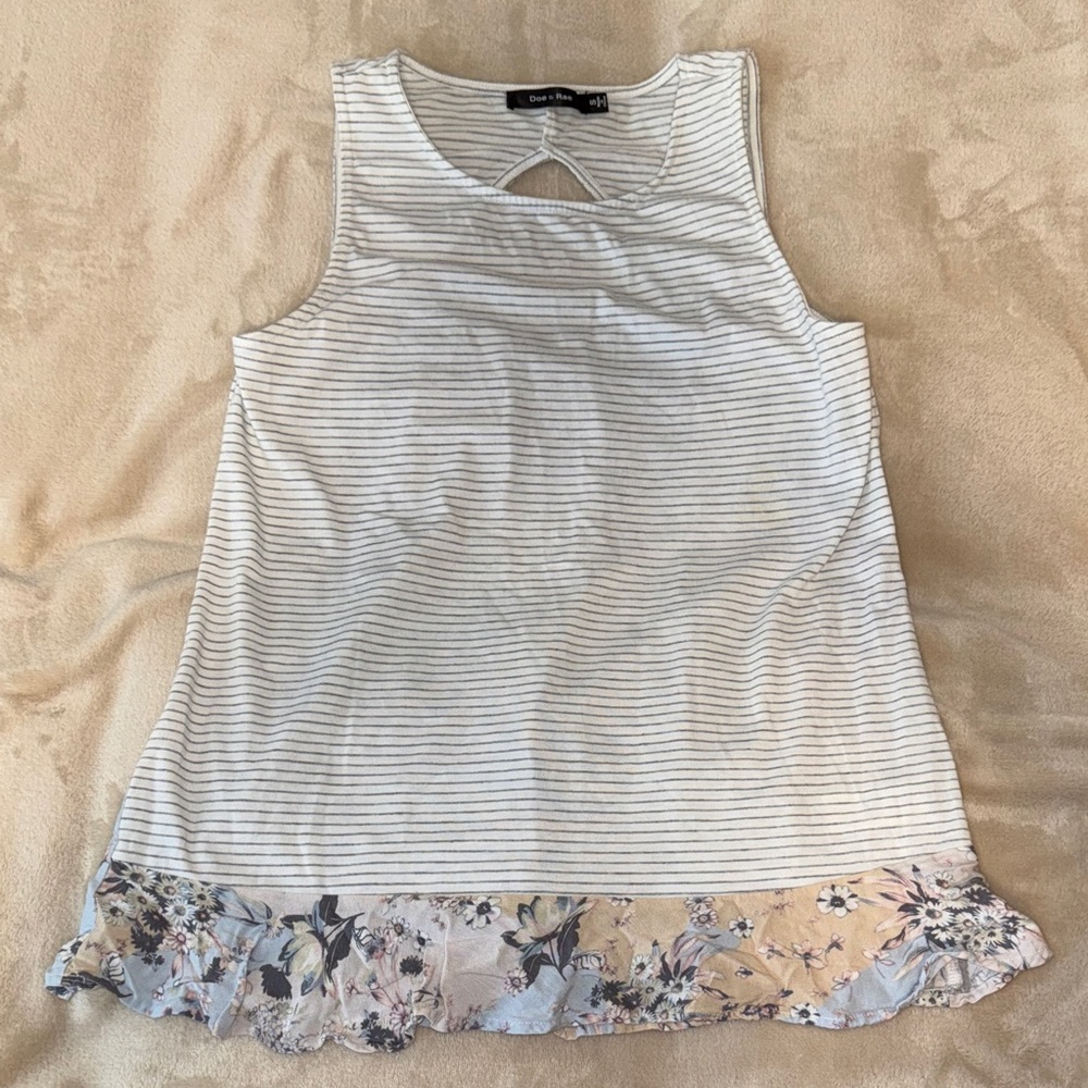Doe & Rae White Striped Tank Top with Floral Hem size small